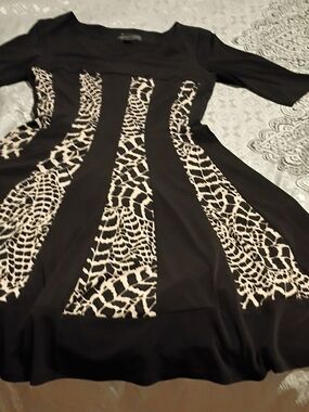 connected apparel Black Medium  Sleeve Dress with Cream Animal-Print Panels